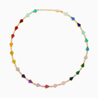 18k yellow gold necklace decorated with gorgeous enamel colors and natural diamonds