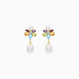 18K YELLOW GOLD PEARL EARRING WITH NATURAL DIAMOND & GEMSTONES