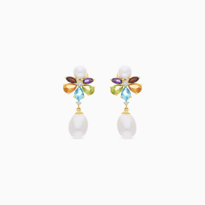 18K YELLOW GOLD PEARL EARRING WITH NATURAL DIAMOND & GEMSTONES