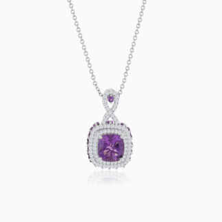 18K White Gold Necklace featuring a stunning Natural Diamond and amethyst