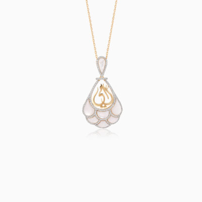 18K YELLOW GOLD NECKLACE WITH MOTHER WORD IN THE CENTER DECORATED BY MOP & NATURAL DIAMONDS