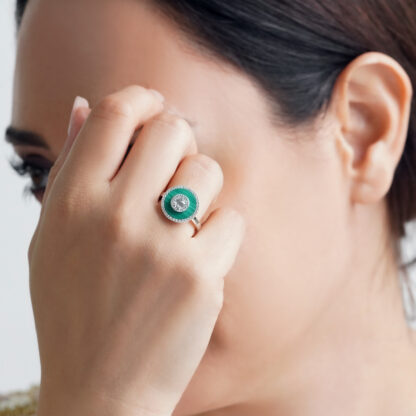 18K White Gold Ring with Diamonds & Malachite – Mosaic Collection - Image 2